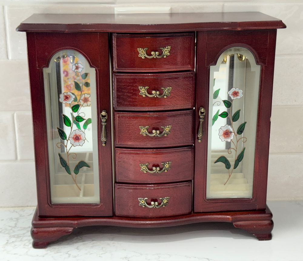 Vintage Mele Cherry Wood Jewelry Box Armoire Cabinet Etched Glass Drawers Large